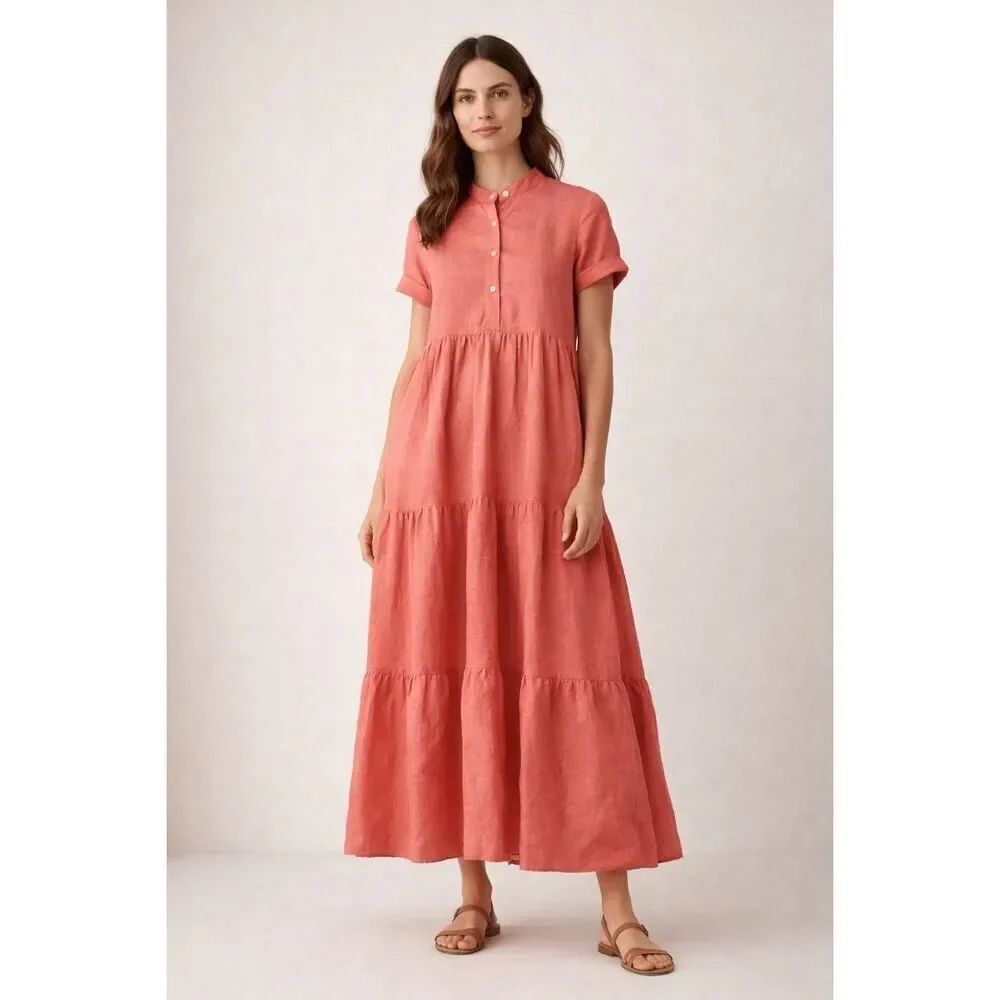 Boho Linen Maxi Dress by HELSOL, Coral, Handmade in Mexico
